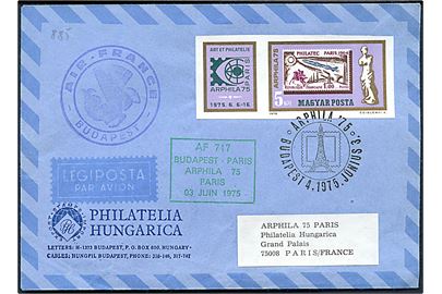 5 f. Arphila blok udg. utakket på flyvningskuvert fra Budapest d. 4.6.1975 til Paris, Frankrig.