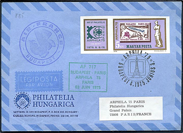 5 f. Arphila blok udg. utakket på flyvningskuvert fra Budapest d. 4.6.1975 til Paris, Frankrig.