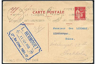 90 f. helsagsbrevkort fra Paris d. 12.9.1931 til Stockholm, Sverige.