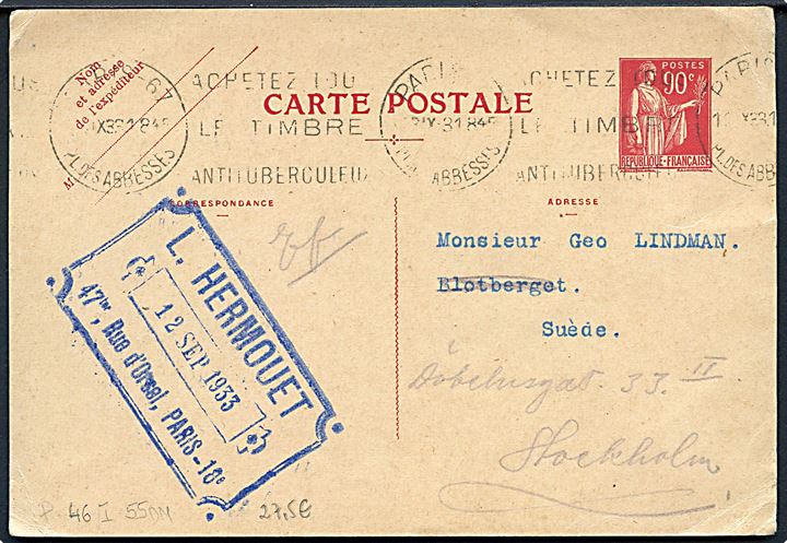 90 f. helsagsbrevkort fra Paris d. 12.9.1931 til Stockholm, Sverige.