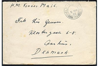 Ufrankeret britisk feltpostbrev stemplet Field Post Office 766 (= Genova, Italien) fra dansk frivillig i britisk tjeneste 14195202 Gnr. Jensen ved B. HQ. 65/31 Bty 3rd Fld. Regt. R.A., C.M.F. til Aarhus, Danmark. 