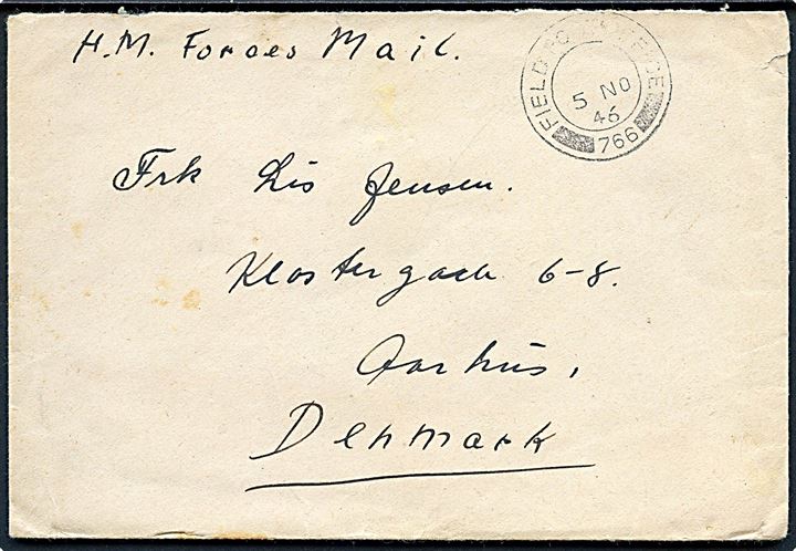 Ufrankeret britisk feltpostbrev stemplet Field Post Office 766 (= Genova, Italien) fra dansk frivillig i britisk tjeneste 14195202 Gnr. Jensen ved B. HQ. 65/31 Bty 3rd Fld. Regt. R.A., C.M.F. til Aarhus, Danmark. 
