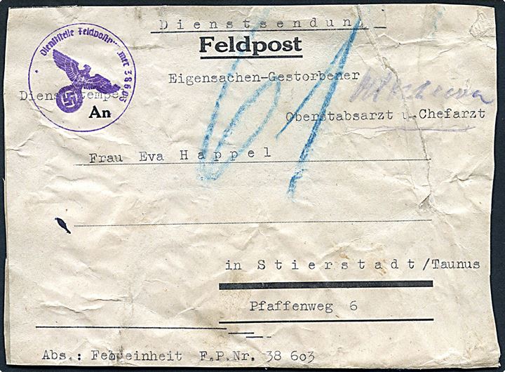 Adresseseddel fra feltpostpakke sendt som Dienstsendung - Eigensachen-Gestorbener med briefstempel Feldpost nr. 38603 = 4.Leichtkranken-Kriegslazarett Kriegslazarett-Abteilung 604 til Stierstadt, Tyskland. 
