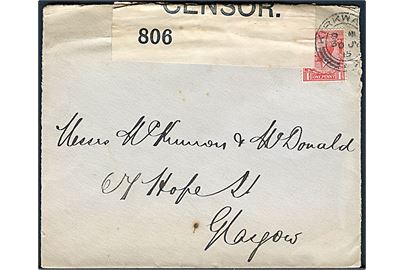 1d George V på brev fra Kirkwall på Orkney øerne d. 30.7.1915 til Glasgow. Åbnet af britisk censur no. 806. Interessant indenrigscensur af post fra de skotske øer.