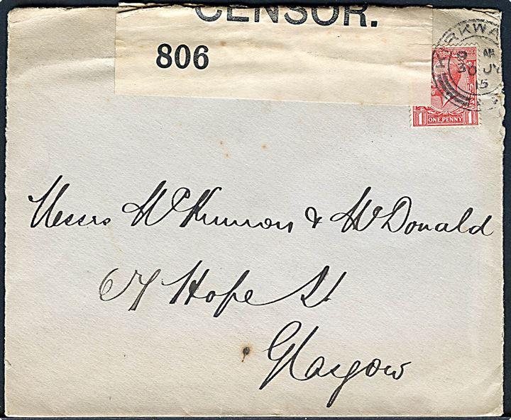 1d George V på brev fra Kirkwall på Orkney øerne d. 30.7.1915 til Glasgow. Åbnet af britisk censur no. 806. Interessant indenrigscensur af post fra de skotske øer.