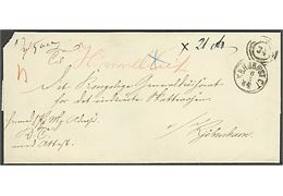 1860’erne. Ufrankeret adressebrev for tjenestepakke med attest med kombineret nr.stempel “34”/KBH.JB.PST.C. d. 6.5.186x og håndskrevet bynavn Humlebæk i rødt til Kjøbenhavn. 