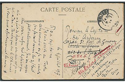 Ufrankeret fransk feltpostkort fra Beleme d. 5.7.1917 til dansk officer Kaptajn Kai Andersen, Depot 3. Regiment de Zouaves i Valreas. Omadresseret flere gange. Kai Andersen var tidligere i den franske fremmedlegion. 