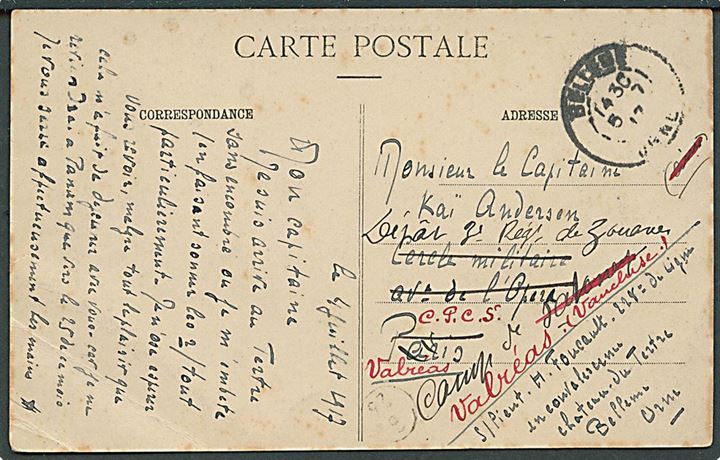 Ufrankeret fransk feltpostkort fra Beleme d. 5.7.1917 til dansk officer Kaptajn Kai Andersen, Depot 3. Regiment de Zouaves i Valreas. Omadresseret flere gange. Kai Andersen var tidligere i den franske fremmedlegion. 