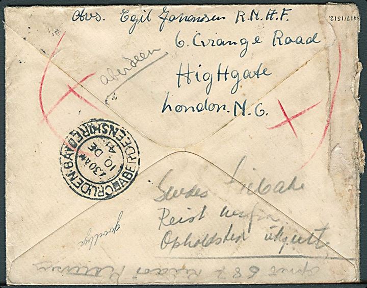 2½d George VI på brev fra Royal Norwegian Air Force (RNAF) Highgate d. 3.12.1941 til norsk exil soldat ved H.Q. Norwegian Forces, Banff, Scotland. Retur til på-skrift: Sendes tilbake. Reist herfra. Opholsted ukjendt. Mærke med skade og lidt nusset. 