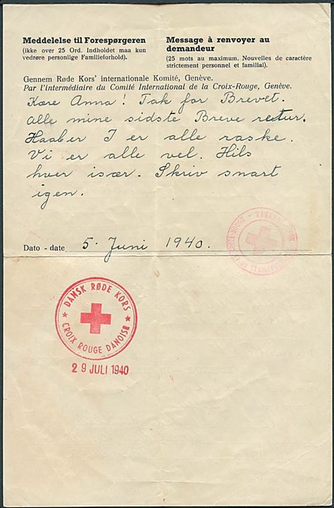Røde Kors formular fra København d. 15.5.1940 via Genéve til London, England. Returneret med svar dateret d. 5.6.1940. Diverse Røde Kors stempler.