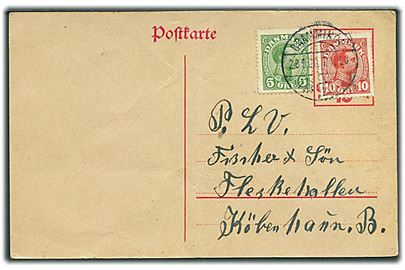 Tysk 10 pfg. Weimar helsagsbrevkort brugt som postkort fra Visby frankeret med 5 øre og 10 øre Chr. X annulleret med bureaustempel Bramminge - Tønder sn3(?) T.1058 d. 28.9.1920 til København. Interessant kombination.