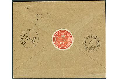 Ufrankeret brev påskrevet “Avissag” fra Kjøbenhavn d. 26.3.1896 til Eslöf, Sverige. På bagsiden lukkeoblat: Kjøbenhavns Overpostmesterembede Avispostkontoret.