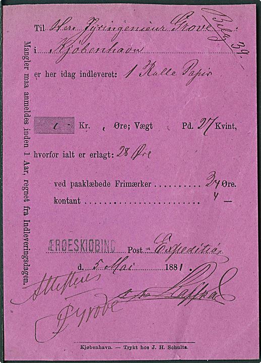 1881. Fortrykt lilla Postkvittering for afsendt pakke fra Ærøeskiøbing Postexpedition d. 5.5.1881 til København. Liniestempel: ÆRØESKIØBING.