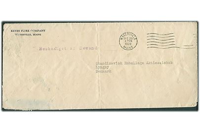 Amerikansk brev med affaldet frimærke fra Waterville d. 29.12.1939 til Lyngby, Danmark. Stemplet “Beskadiget af Søvand”. Brevet befordret med S/S “Vidar” som blev sænket i Nordsøen af tysk U-21 d. 31.1.1940.