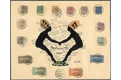 Komplet sæt Fælles udg. på håndtegnet souvenir-ark “Genforening 1920” signeret FW og annulleret med Sonderburg **b d. 10.2.1920. Dekorativ.
