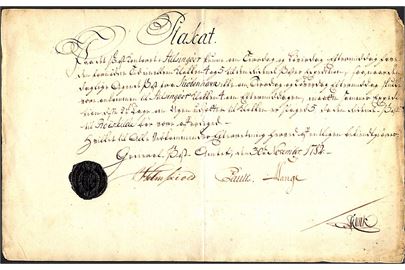 Håndskrevet Placat fra General Post Amt d. 30.11. 1782 med sort laksegl. 21x32½ cm.