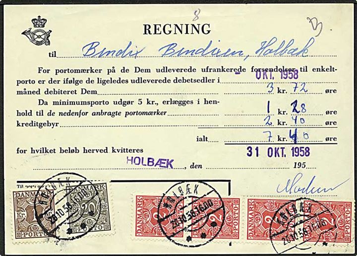 Regning for enkeltportoaftale med B.50 (2-51 A6) fra Holbæk Postkontor. Påsat 2 øre (4), 20 øre og 1 kr. Portomærker stemplet Holbæk d. 20.10.1958. Gebyr for ikke opnået minimumsporto for enkeltpostoaftale.