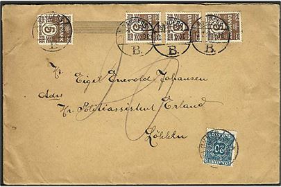 5 øre Bølgelinie (4) på underfrankeret brev stemplet Randers B. d. 13.7.1924 til Løkken. Udtakseret i porto med 20 øre Portomærke stemplet Løkken d. 15.7.1924.