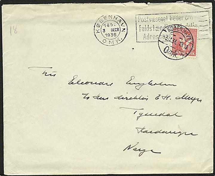 Ufrankeret brev fra København d. 3.12.1936 til Tyssedal, Norge. Postalt opfrankeret med 15 øre Tavsen stemplet København d. 3.12.1936.