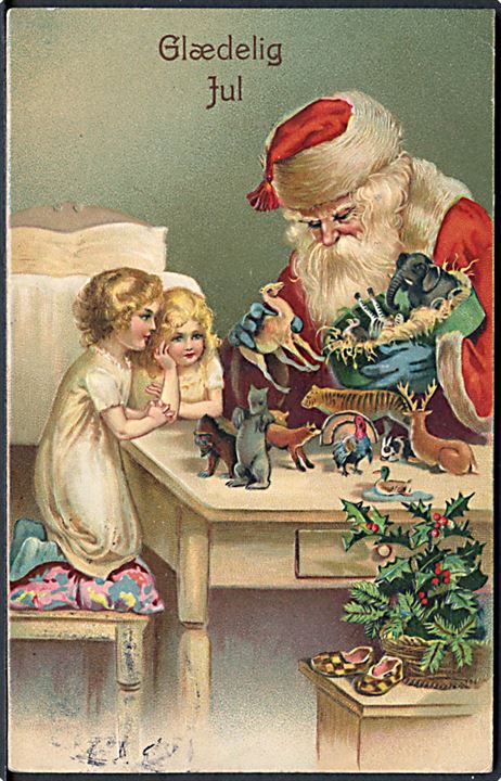 Glædelig Jul. Julemanden iført rød kåbe med legetøj til piger. SB no. 170. Prægekort. 