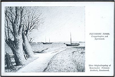 Flensborg Fjord. Crappebugten ved Egernsund. Efter Originaltegning af Kunstmaler Petersen - Stubbæk, Renshoved. V. R. Perriard no. 44. 