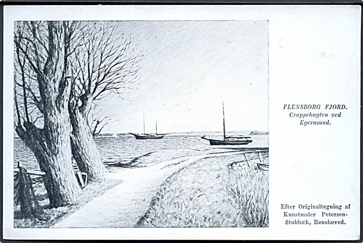 Flensborg Fjord. Crappebugten ved Egernsund. Efter Originaltegning af Kunstmaler Petersen - Stubbæk, Renshoved. V. R. Perriard no. 44. 
