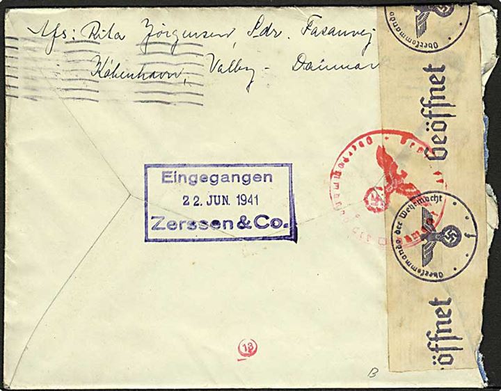 20 øre Karavel (2) på brev fra København d. 18.6.1941 til maskinmester ombord på S/S Elisabeth Mærsk i Kiel, Tyskland. Åbnet af tysk censur i Hamburg og påført sort toldstempel i Kiel-Wik. Revet i venstre side.
