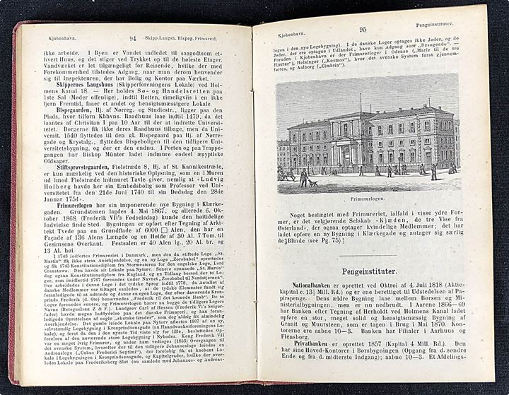 Kjøbenhavn og Omegn, illustreret Reise-Haandbog af P. V. Grove. Illustreret 134 sider med indklæbet bykort. Beskrivelse af institutioner, seværdigheder og lokaliteter, samt omtale af transport og postforhold. 