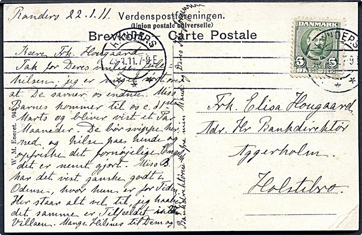 5 øre Fr. VIII med stor klichebrud på brevkort fra Randers d. 23.1.1911 til Holstebro.