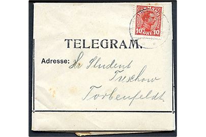 10 øre Chr. X på De danske Statsbaner telegram annulleret Mørkøv d. 27.12.1919 til Torbenfeldt. 