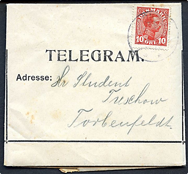 10 øre Chr. X på De danske Statsbaner telegram annulleret Mørkøv d. 27.12.1919 til Torbenfeldt. 