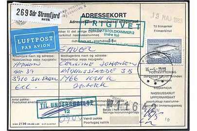 50 kr. Skællaks single på adressekort for luftpostpakke fra Sdr. Strømfjord d. 16.5.1983 til København.