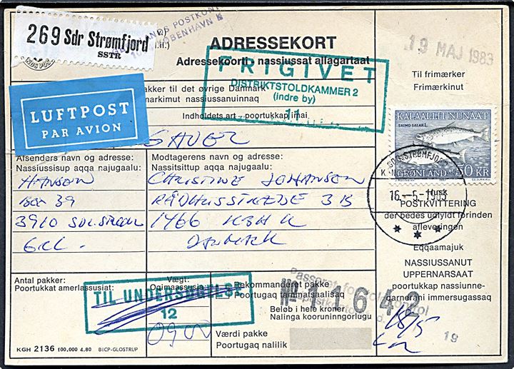 50 kr. Skællaks single på adressekort for luftpostpakke fra Sdr. Strømfjord d. 16.5.1983 til København.