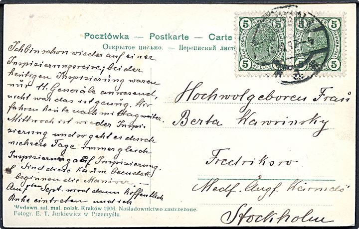 Østrigsk 5 h. Franz Joseph i parstykke på brevkort fra Przemysl 1907 til Fredriksro, Stockholm. Adresseret via skærgårds dampskib Med Ångf. Wärmdö.