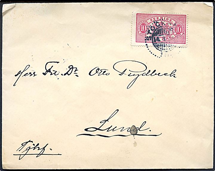 10 öre Tjenestemærke på brev fra Stockholm d. 14.3.1913 til den svenske arkæolog Dr. Fil Otto Rydbeck i Lund.