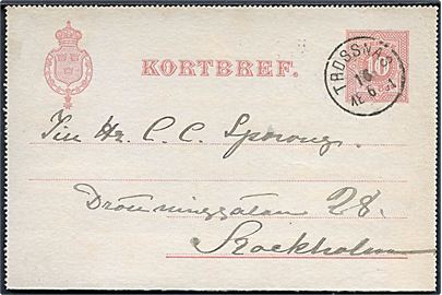 10 öre helsagsbrevkort stemplet Trossnäss d. 16.6.1891 til Stockholm. Sendt fra Värmlands Fältjägare Corps.
