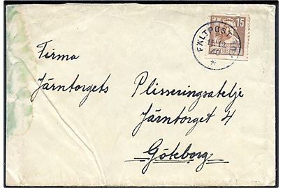 15 öre Sergel på brev annulleret Fältpost 107 d. 15.12.1940 til Göteborg. Skjold i venstre side.