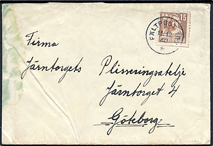 15 öre Sergel på brev annulleret Fältpost 107 d. 15.12.1940 til Göteborg. Skjold i venstre side.