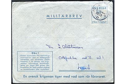 Militärbrev stemplet Postanstalten 1032 D (= Gottskär) d. 5.6.1944 til Lund. Sendt fra soldat ved Marinepost 1269. Bortklippet svarmærke.