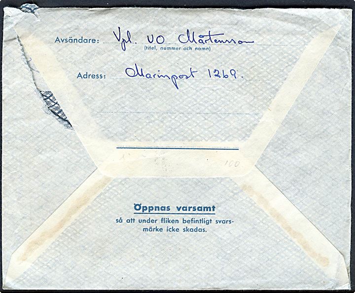 Militärbrev stemplet Postanstalten 1032 D (= Gottskär) d. 5.6.1944 til Lund. Sendt fra soldat ved Marinepost 1269. Bortklippet svarmærke.