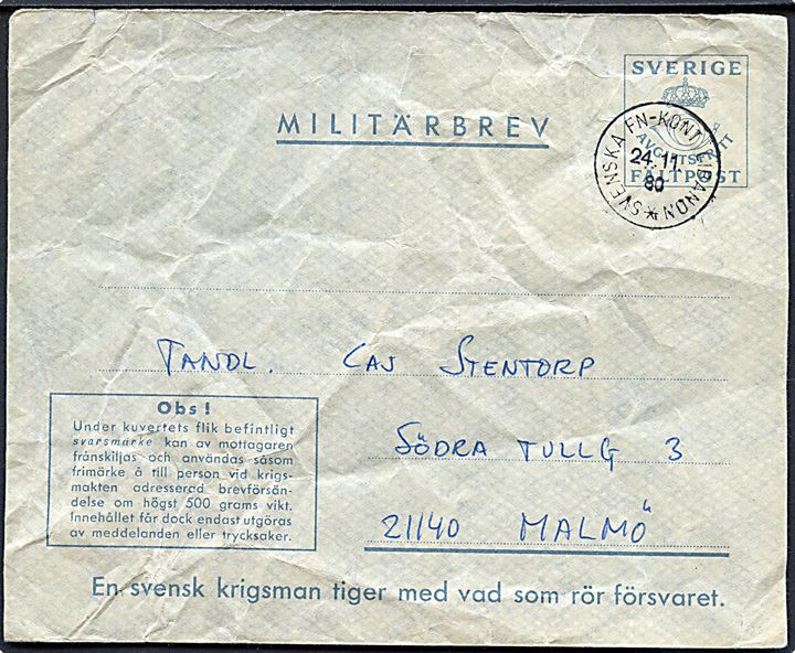 Militärbrev stemplet Svenska FN-Kont Libanon d. 24.11.1980 til Malmö. Bagklap mgl, men med svarmærke.