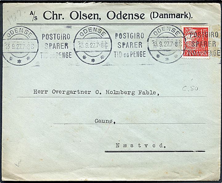 15 øre Karavel med perfin C.O. på firmakuvert fra A/S Chr. Olsen i Odense d. 13.9.1927 til Næstved.