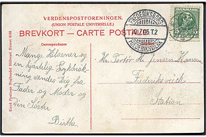 5 øre Chr. IX på brevkort (Frederiksborg Højskole) annulleret med stjernestempel SKJÆVINGE og sidestemplet bureau Frederiksborg - Frederiksværk T.2 d. 19.7.1906 til Frederiksværk.