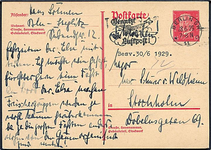 15 pfg. Hindenburg helsagsbrevkort fra Berlin d. 28.6.1929 til Stockholm, Sverige.