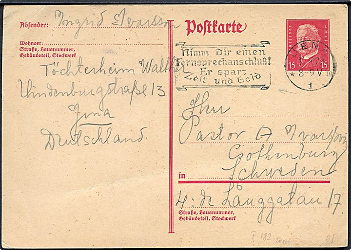 15 pfg. Hindenburg helsagsbrevkort fra Jena d. 1.7.1929 til Göteborg, Sverige.
