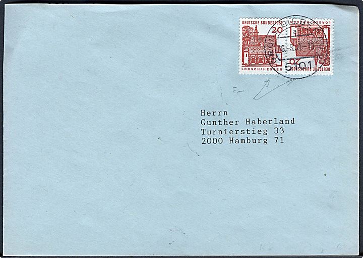 20 pfg. Lorsch/Hessen i tête-bêche på brev Bieberau d. 16.9.1961 til Hamburg.