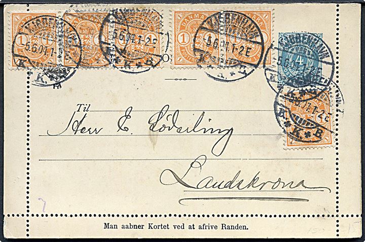 4 øre helsagskorrespondancekort med fuld rand opfrankeret med 1 øre Våben (6) fra Kjøbenhavn d. 5.6.1904 til Landskrona, Sverige.