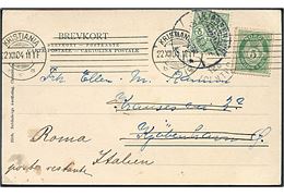 Norsk 5 øre Posthorn på brevkort (Nysæteren) fra Kristiania d. 22.12.1904 til Kjøbenhavn, Danmark - opfrankeret med yderligt placeret 5 øre Våben (defekt) og eftersendt fra Kjøbenhavn d. 29.12.1904 til poste restante i Rom, Italien.