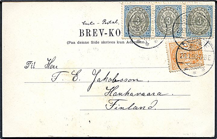 3 øre Tofarvet i 3-stribe og 1 øre Våben på brevkort (Rytterkasernen i Odense) fra Odense d. 28.1.1903 til Haukavaar, Finland.