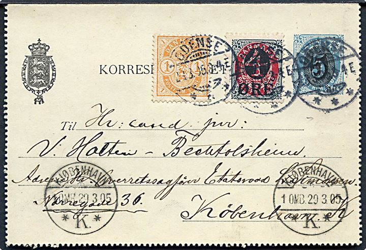 5/4 øre provisorisk helsags korrespondancekort opfrankeret med 4/8 øre Provisorium og 1 øre Våben fra Odense d. 28.3.1905 til Kjøbenhavn.